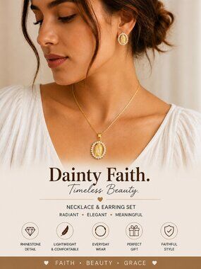 Virgin Mary Gold Plated Necklace Earrings Set CZ Catholic Jewelry